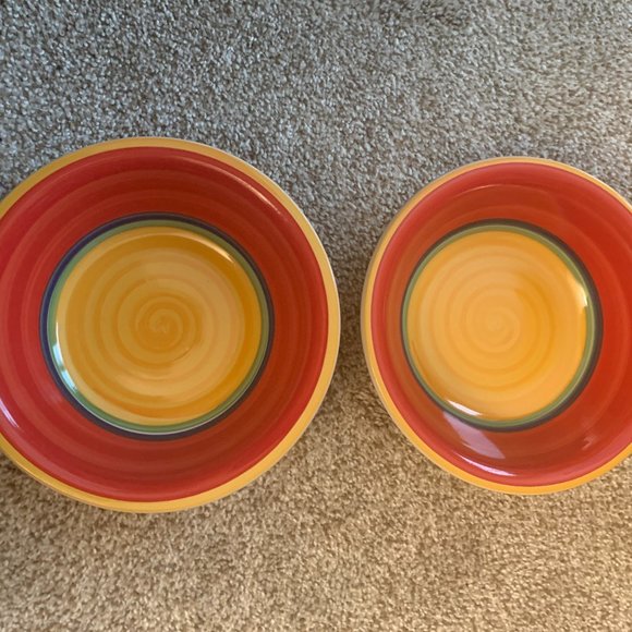 2 ROYAL NORFOLK 7 1/2" FIESTA MAMBO CEREAL/SOUP BOWLS WITH RAINBOW YELLOW CENTER - Picture 1 of 4